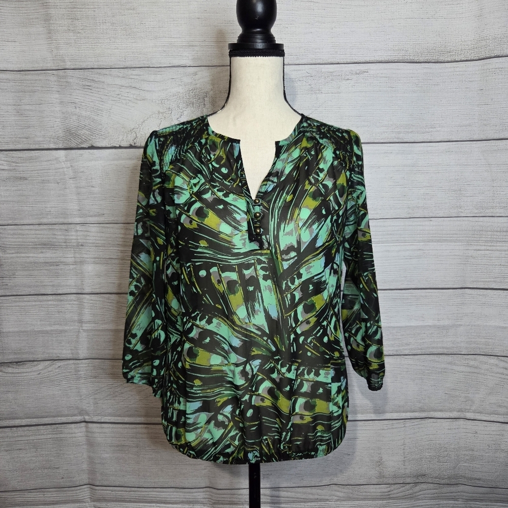 Banana Republic Green and Black Graphic Blouse with 3/4 Sleeves, Size S